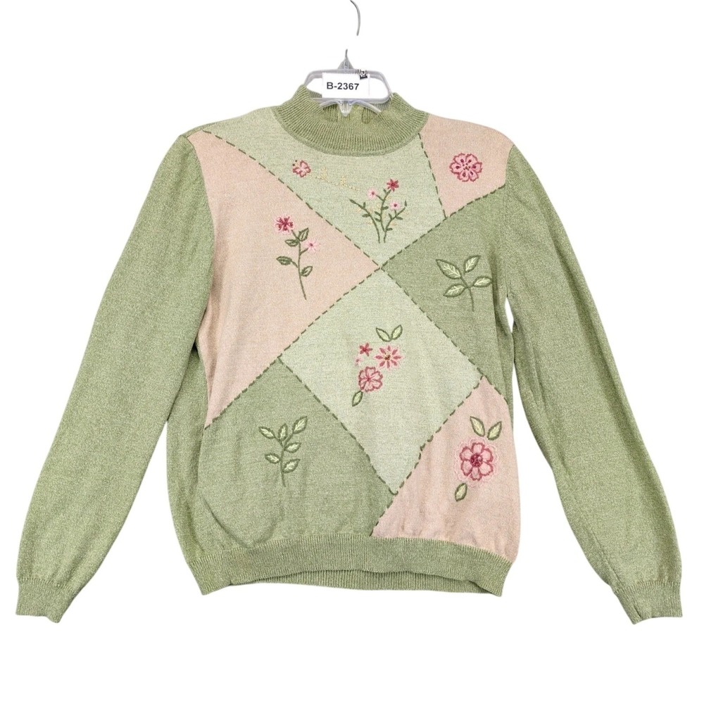 Vintage Alfred Dunner Floral Embroidered Bead Green Pullover Sweater Womens PM